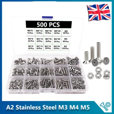 £11.88 • Buy 500 Pcs M3 M4 M5 Countersunk Bolts Allen Key Socket Screw Nut Kit A2 Stainless