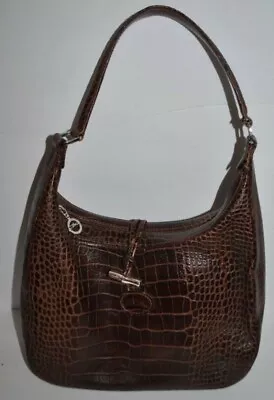 Longchamp Roseau Toggle Brown Croc Leather Hobo Shoulder Bag Vintage  • $165.83