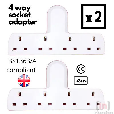 £8.99 • Buy 4 Gang Extension Socket Multi Plug 4 Way 13a Mains Power Adaptor UK STOCK 2 PACK