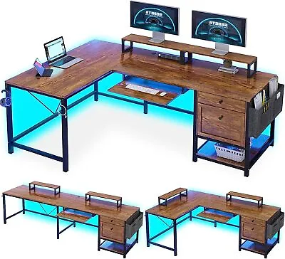 Reversible 69  L Shaped Desk With Led Lights File Drawer Computer Desk Bedroom • $178.99