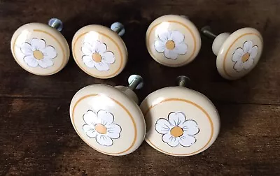 6 Vtg Round 80’s Japan Knobs Pulls Heavy Porcelain Daisy Flowers Drawer Cabinet • $15