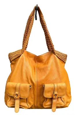 HOBO Int'l Purse Saffron Camel Boddaga Cargo Bag Large Tote Leather Boho Braided • $99