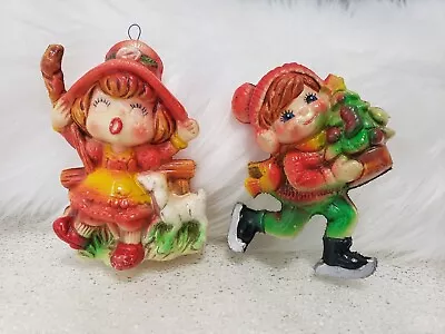 2 Vintage Plastic Mold Ornaments-Ice Skating Girl-Boy Mod 70s Retro Colorful • $6