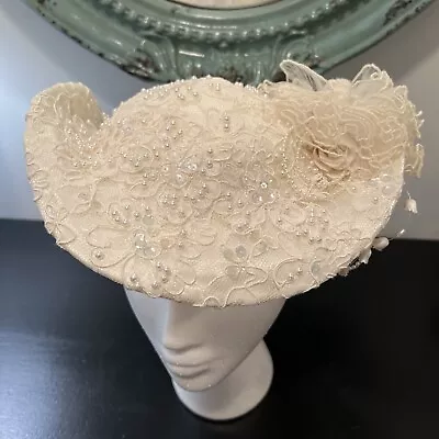 Vintage 80's Bridal Wedding Lace Derby Hat Pearls Beaded Detail   • $63.99