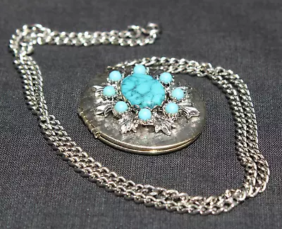 Vintage Faux Turquoise Necklace Locket Silver Tone 24  • $25.99