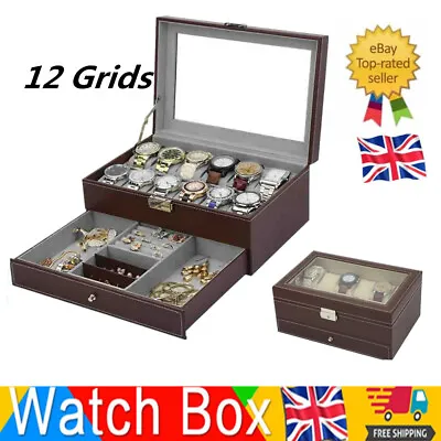 £22.97 • Buy 12 Grid Watch Box Jewelry PU Leather Mens Brooch Display Drawer Tray Glass UK