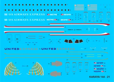 Karaya D144-21 Embraer 170 US Airways/United Express 1/144 Decals • $9.95
