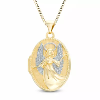 Oval Inscribed Guardian Angel Locket In 10K Two-Tone Gold 18  Chain • $561.07