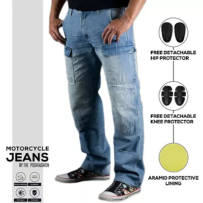 Men's Motorcycle Jeans Cargo Motorbike Riding Pants Aramid Lining Demin Trousers • £39.99