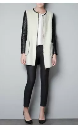 Zara Women's Jacket Black Long Faux Leather Sleeves Medium White Terry • $25