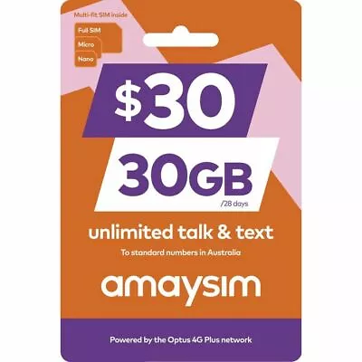 Amaysim $30 Multi-fit Prepaid SIM Starter Pack • $25