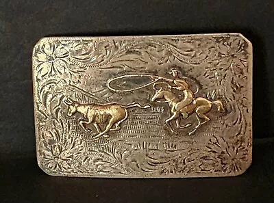 Beautiful Old USA Made Western Buckle Cowboy Ropin Steer Sterling 10k Gold • $300