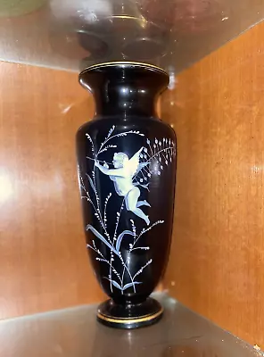 Antique Black Amethyst MARY GREGORY Large Vase 30.5cm Beautifully Painted Cupid • $550