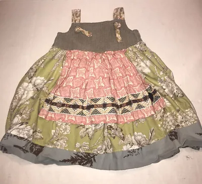 Matilda Jane Apron Knot Pinafore Dress Floral Herringbone Pink Green Sz 4 • $18