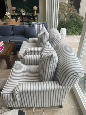 $950 • Buy Two (2) Custom Made Pinstriped Navy & White Armchairs On Wheels-Great Condition