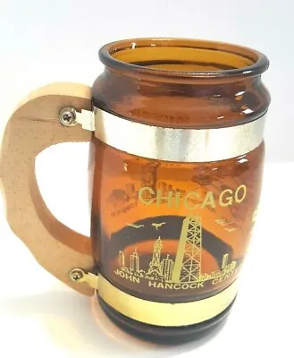 Vintage Chicago Sears Tower Amber Glass Metal Rings Wood Handle Beer Mug Stein • $9.95