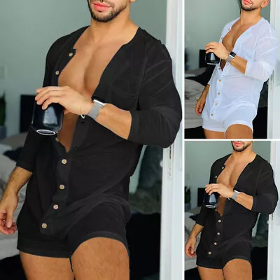 Mens Long Sleeve Short Jumpsuits Casual Mesh Leotard Bodysuits Shorts Underwear • £12.79