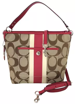 New Coach Signatur Hamptons Weekend Khaki Pink Signature Stripe Tote Purse 10055 • $290.63