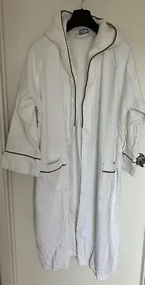 WHITE Cotton Dressing Gown Robe Long Hooded XL UNISEX Brown Piping Towelling • £12