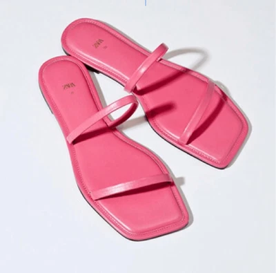 Zara Pink Leather Square Toe Slide Sandals • $35