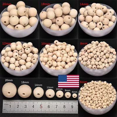 1-250Pcs Wood Craft Beads Round Natural Unfinished Wood 8/10/12/14/18mm/20mm US • $2.22