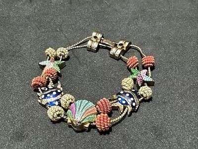 Vintage Enamel Slide Charm Bracelet Double Strand SeaShell~Starfish~Fish 7  • $14.99