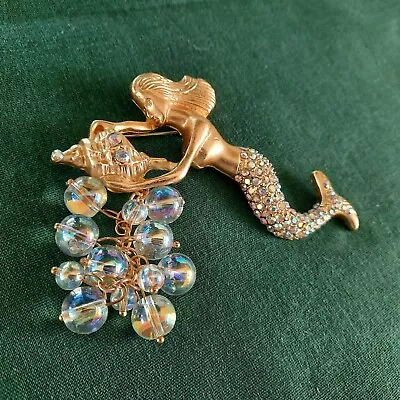 Charming Goldtone Mermaid Brooch*ab Rhinestones And Iridescent Beads*unique* • $10.99