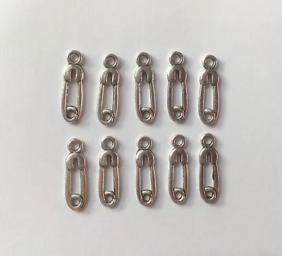 Baby Shower Safety Pin Charms For Bracelets-Favours/Gift-Tibetan Silver-10 Pack • £4.59