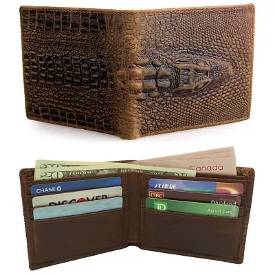 Men's Handmade Crazy Horse Leather Alligator Embossed Bifold Wallet • $29.95