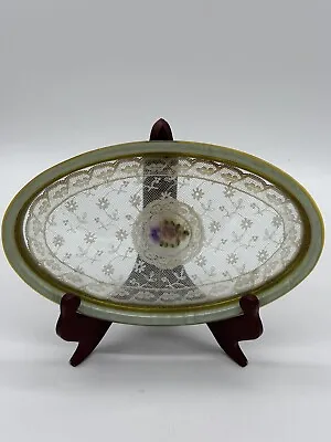 Vanity Tray Gold Celluloid Oval With Lace Encased In Glass Vintage • $32.99