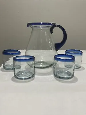 Cobalt Blue Rim Mexican Hand Blown Bubble Glass Set Of 4 Cups Plus Pitcher • $49.99