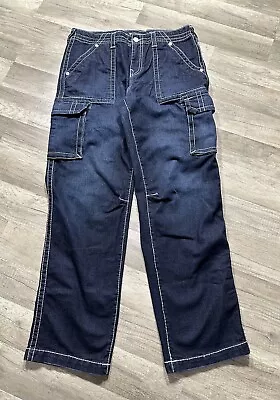 True Religion Mens Size 32 Dark Blue Big T Cargo Pants Jeans Baggy • $85.99