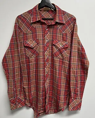 Vintage Mens PJ Western Wear Mareh Pearl Snap Shirt Size L Red Plaid Metallic • $25.49