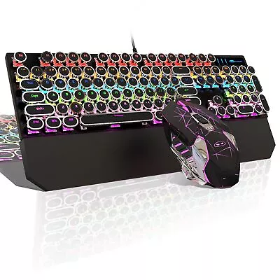 Typewriter Mechanical Gaming Keyboard And Mouse Combo Retro Punk Round Keyca... • $92.18