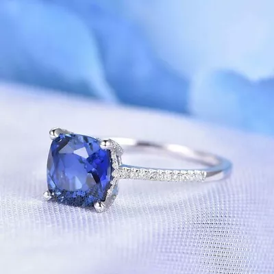 2Ct Cushion Simulated Tanzanite Solitaire Engagement Ring 14K White Gold Finish • $119.99