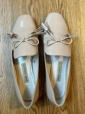 Zara Basic Shoes Tan Patent Faux Leather Flat Slip On With Tassels Size 5.5 • $18