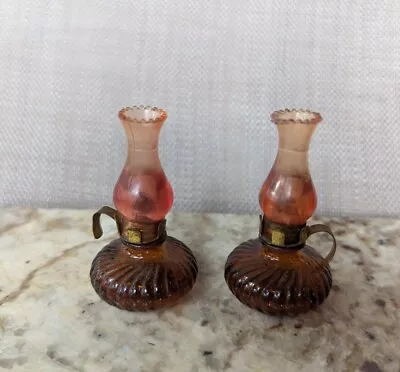 (2) Matching Miniature Hurricane Lamps 2½  Brown Glass  • $11.50