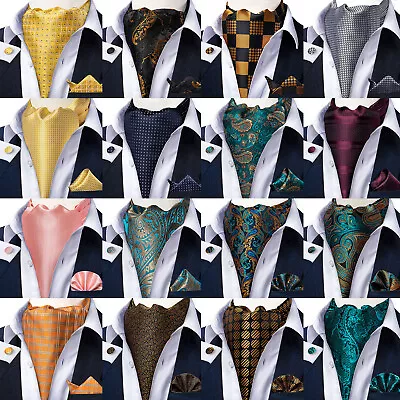 DiBanGu Mens Silk Cravat Ascot Paisley Floral Checks Vintage Scarf Tie Hanky Set • $11.39