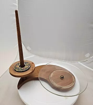 Vtg 1960's Israel Paper Towel Holder W/ Glass Plate Wood Base & Brass Enamel • $31