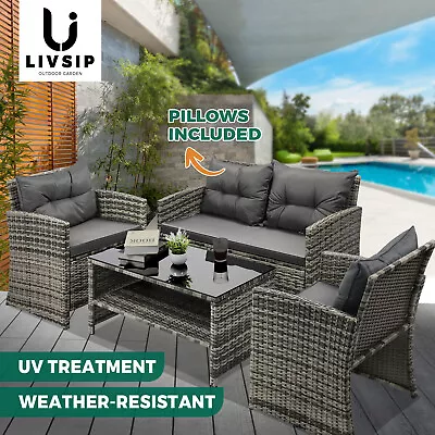 Livsip Outdoor Sofa Set Patio Furniture Wicker Table Chair Garden Lounge 4Piece • $539.90