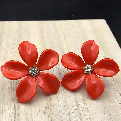 J.Crew Earrings Large Orange Acetate Flower Pavé CZ Cluster Gold Plated Studs • $28.85