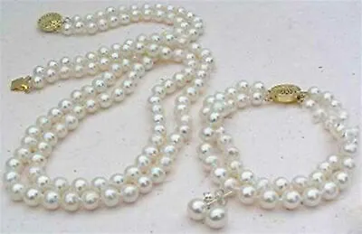 2 Rows White 8mm Akoya Cultured Shell Pearl Necklace Bracelet Earrings Set AAA • $9.99