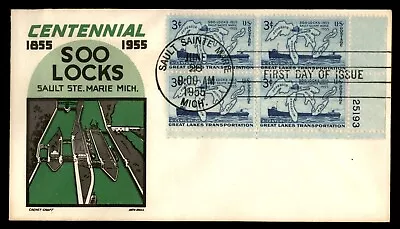 MayfairStamps US FDC 1955 Michigan Plate Block Soo Locks Centennial Cachet Craft • $1