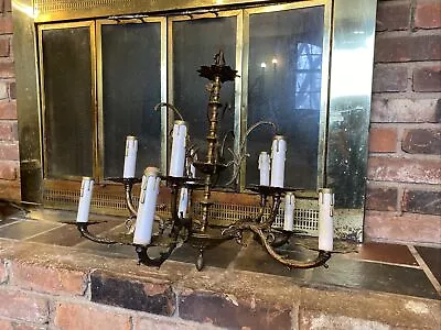 Vintage Brass 5 Arm 10 Light Spanish Chandelier Missing Prisms & Needs Rewiring • $200