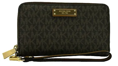 Michael Kors Brown Purse Large Zip Around PVC Logo Pattern Wristlet Phone Case • £94.99