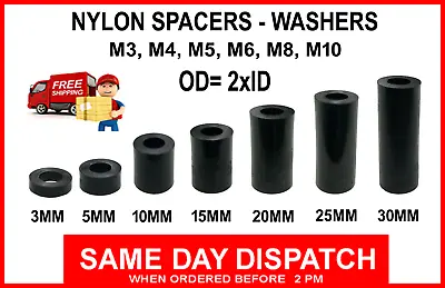 £2.75 • Buy Plastic Spacers Black Nylon Standoff Washers M3 M4 M5 M6 M8 M10 (OD= 2x ID)
