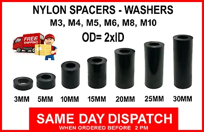 Plastic Spacers Black Nylon Standoff Washers M3 M4 M5 M6 M8 M10 (OD= 2x ID) • £2.75