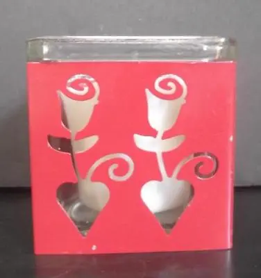 $4.99 • Buy Valentine Glass Candle Holder W/ Metal Cover Sleeve Red Heart Rose EUC 3  Square