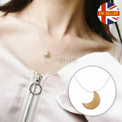 Minimalist Gold Plated Moon Pendant Invisible Fishline Choker Necklace Jewelry • £3.99