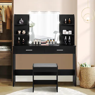 Black Makeup Vanity Desk Set With 2 Drawers 6 Storage Shelves & Cushioned Stool • $189.99